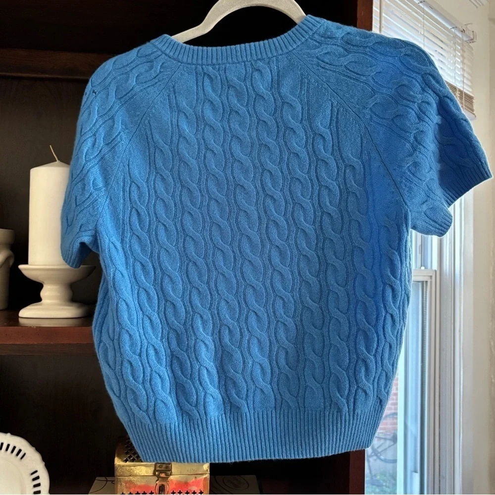 J. Crew Blue Cashmere Women’s Henley Cable Knit Short Sleeve Sweater